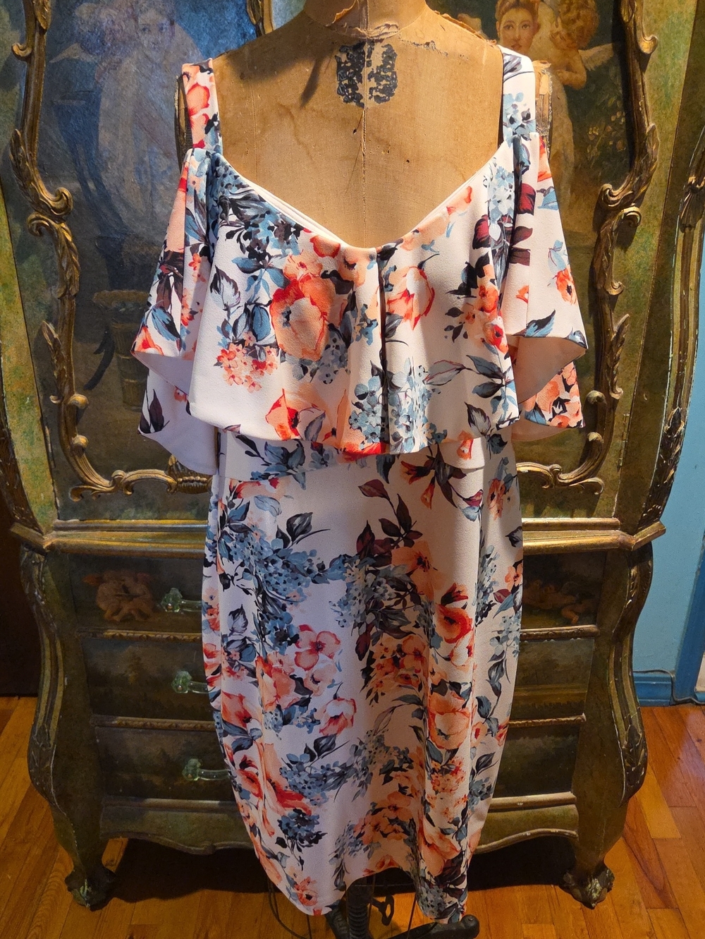 RACHEL Rachel Roy White Midi Dress with Coral and Blue Floral Print SZ 16W
